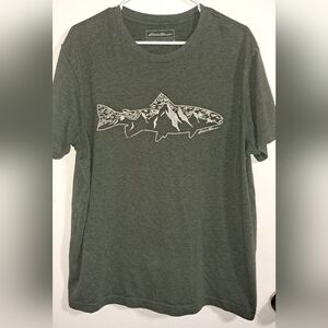 Eddie Bauer Men's Olive Fish Graphic Tee Fish Mountains